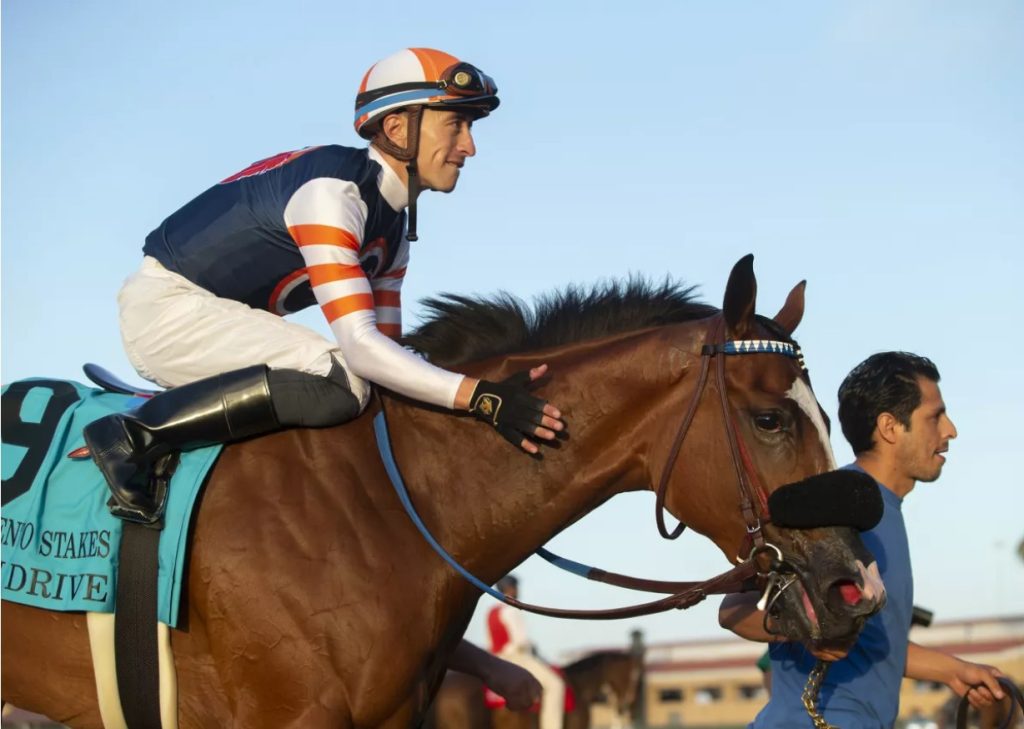 Jockey Juan Hernandez guides Elm Drive to the winner’s circle after their victory in the Sorrento Stakes. (Benoit Photo)